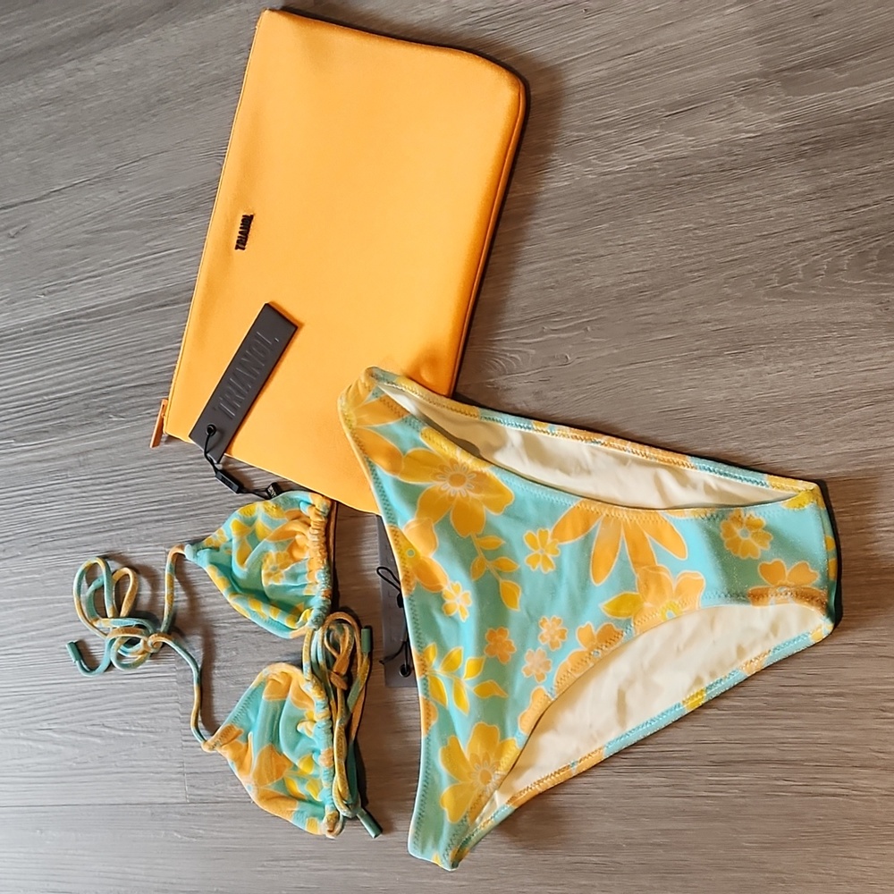 Triangl Floral velvet string swimsuit set with bag.